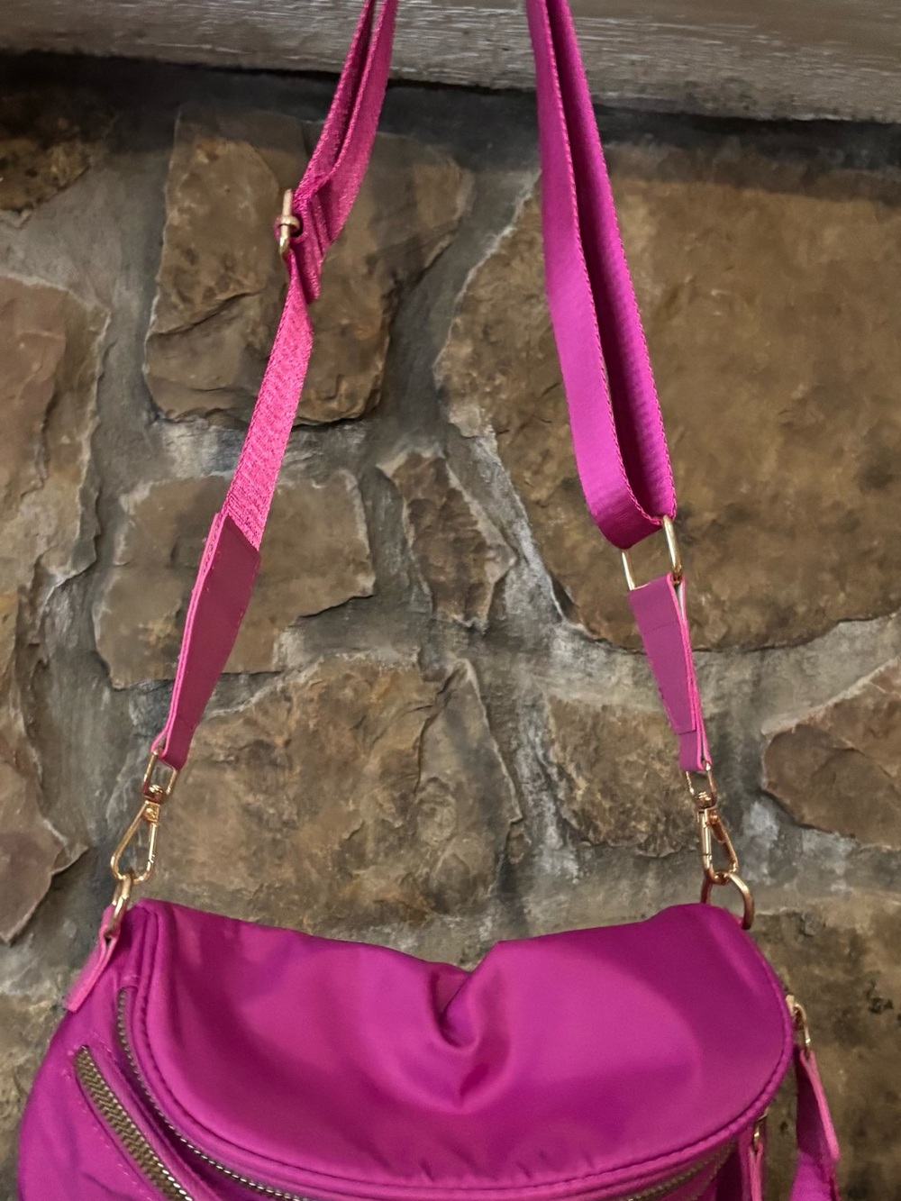 Women's Bright Fuchsia Crossbody Bag with Gold Hardware Zippers